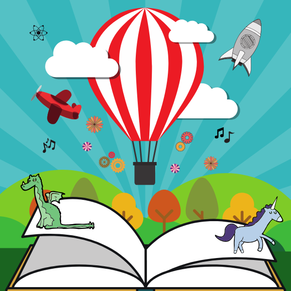 open book with balloon and fantasy characters
